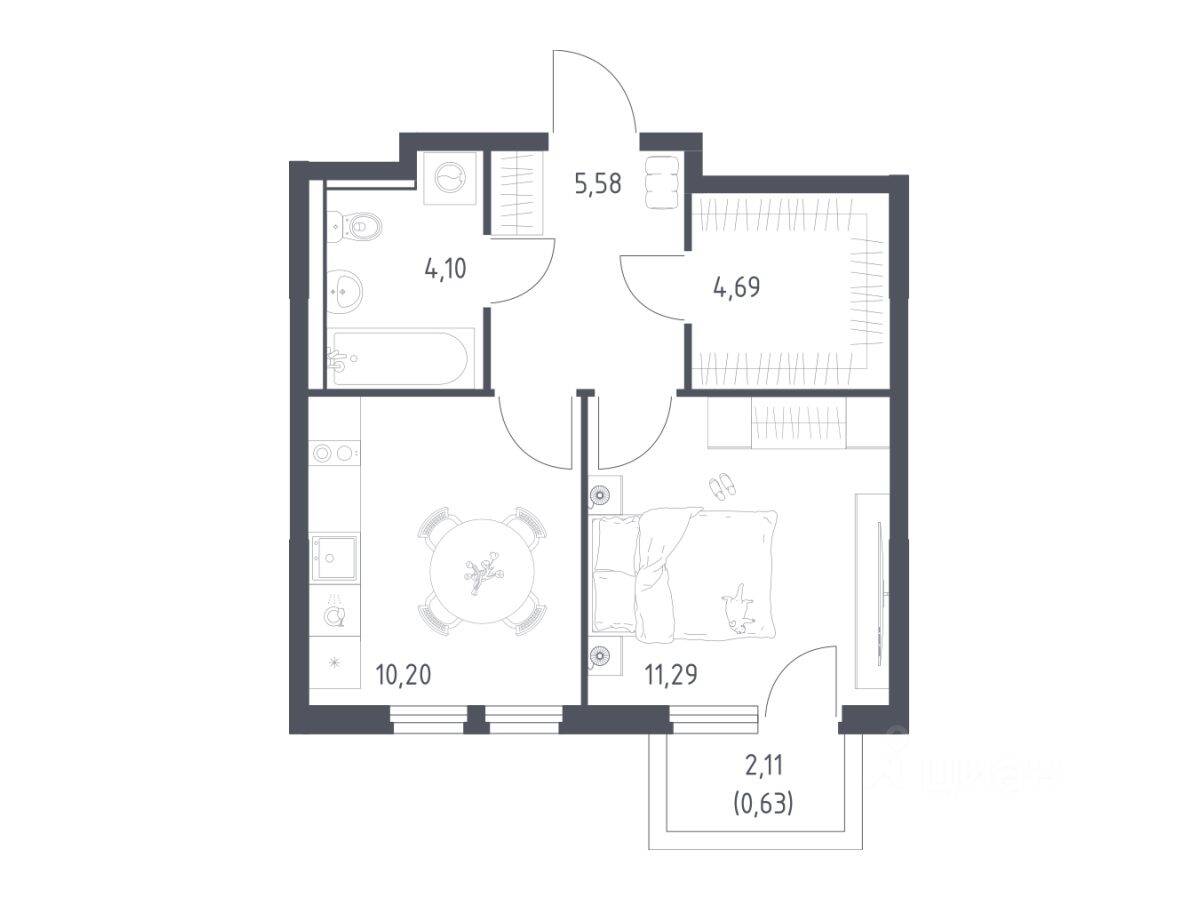 1-комн. квартира, 36,49 м², в ЖК «Пригород Лесное»