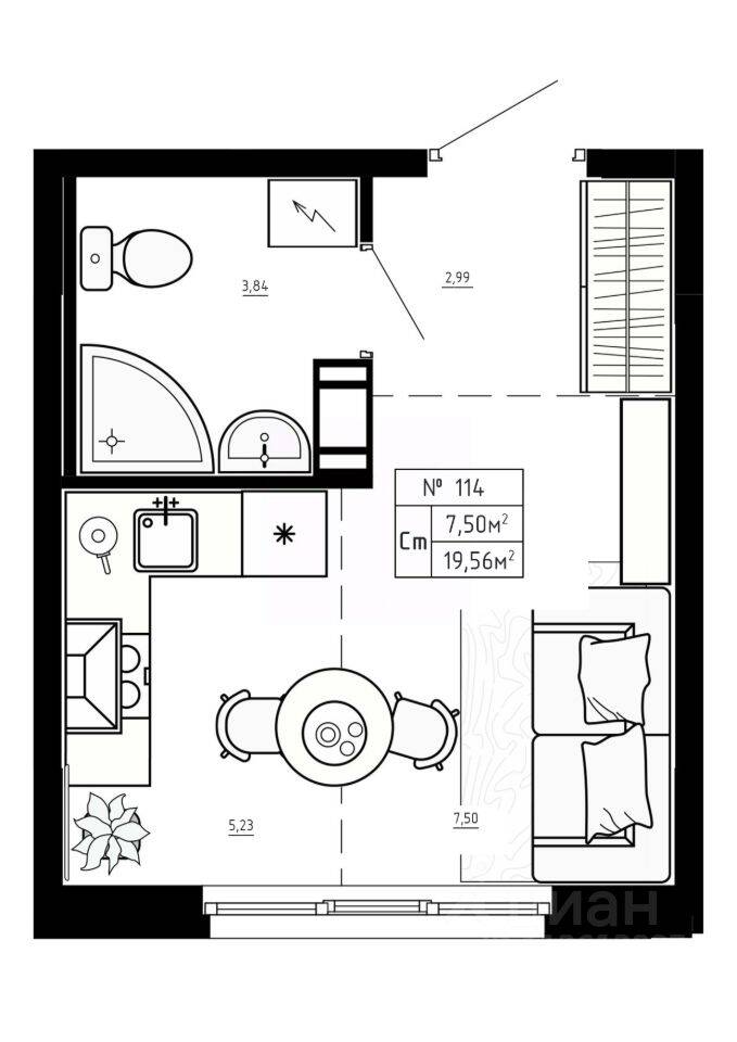 Планировка 1 комнатной квартиры, 19.56 м², в «Аннино Сити»
