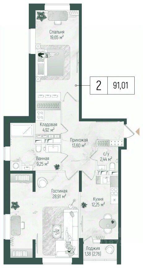 2-комн. квартира, 92,39 м², в ЖК Riga Hills