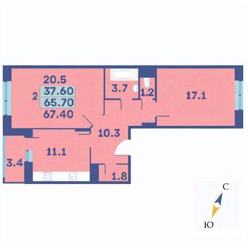 2-комн. квартира, 67,4 м², в ЖК «Эдельвейс» (ЦентрСтрой)