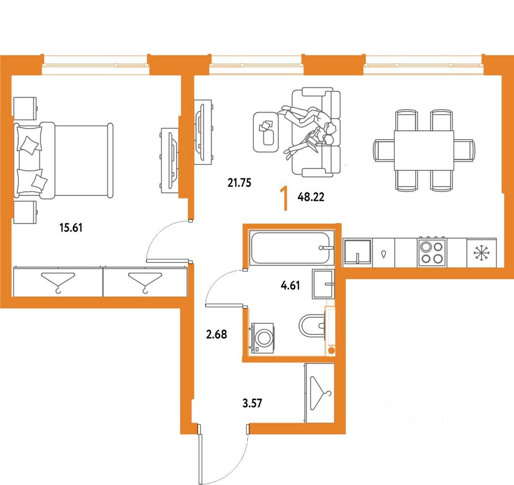 1-комн. квартира, 48,22 м², в ЖК Страна.Парковая
