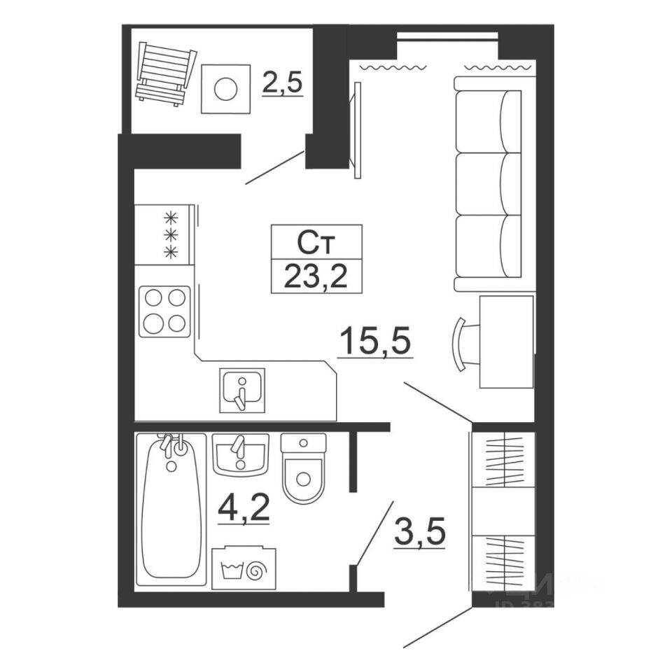 Квартира-студия, 23,2 м², в ЖК Рубеж