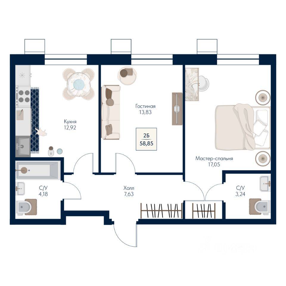 2-комн. квартира, 58,85 м², в ЖК Бархат