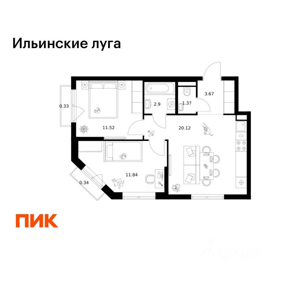 2-комн. квартира, 52,09 м², в ЖК «Ильинские луга»