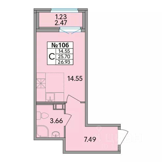 Планировка 1 комнатной квартиры, 26.93 м², в «Рождественский квартал»