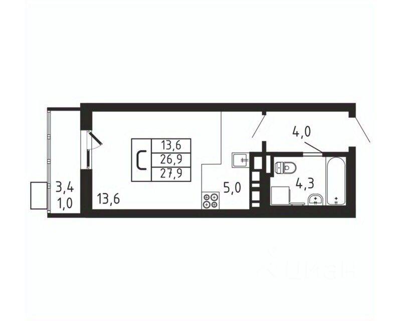 Квартира-студия, 27,9 м², в ЖК «Пироговская Ривьера»