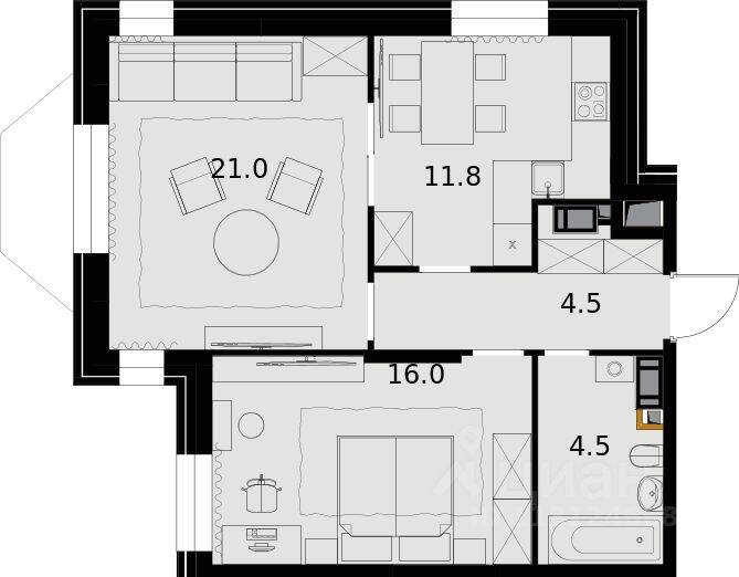 Планировка 2 комнатной квартиры, 59.6 м², в «Театральный квартал»