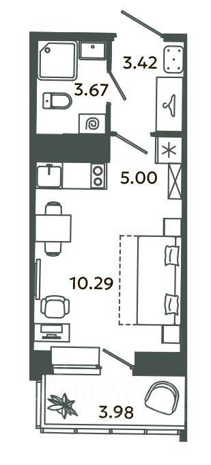 Квартира-студия, 22,38 м², в ЖК Загляденье