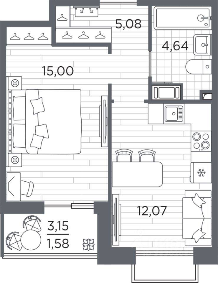 1-комн. квартира, 38,37 м², в ЖК Respect