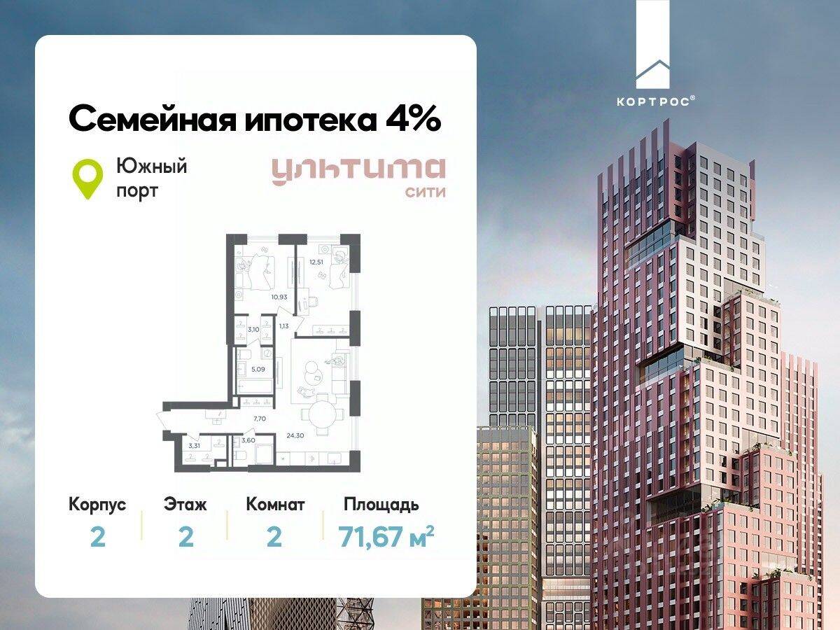 2-комн. квартира, 71,67 м², в ЖК «УЛЬТИМА Сити»