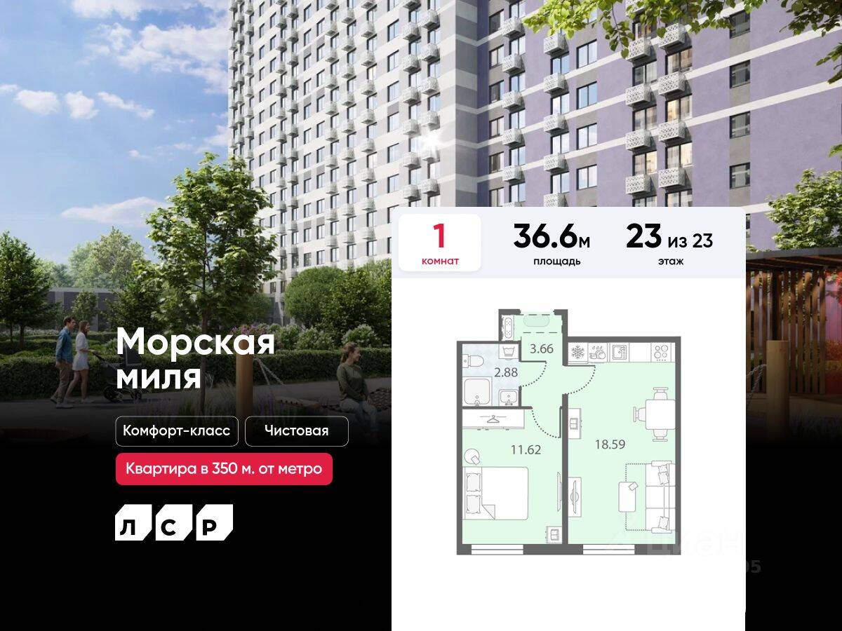 1-комн. квартира, 36,6 м², в ЖК Морская миля