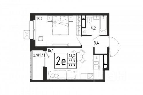 1-комн. квартира, 38,3 м², в ЖК «Берег»