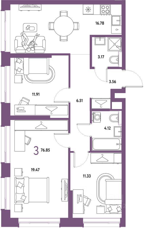 3-комн. квартира, 76,85 м², в ЖК Страна.Парковая