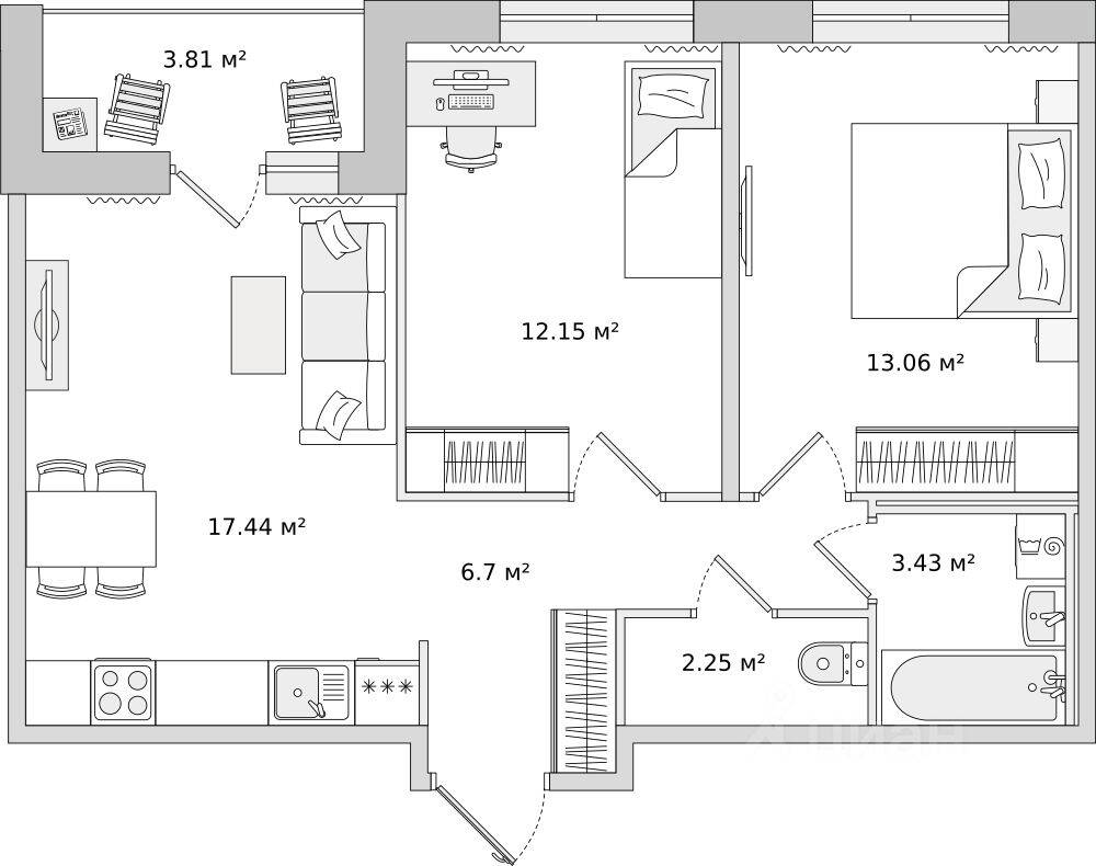 2-комн. квартира, 58,84 м², в ЖК ЦДС «Dreamline»
