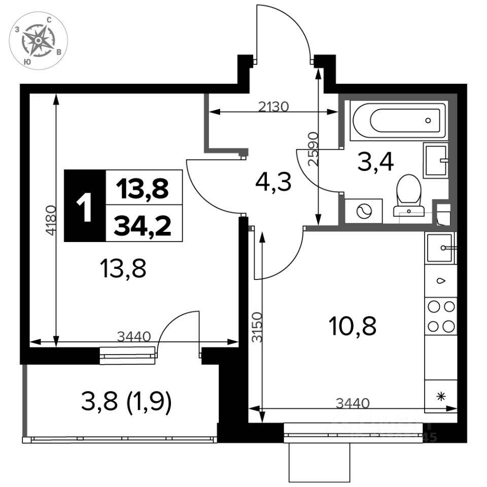1-комн. квартира, 34,2 м², в ЖК 1-й Донской