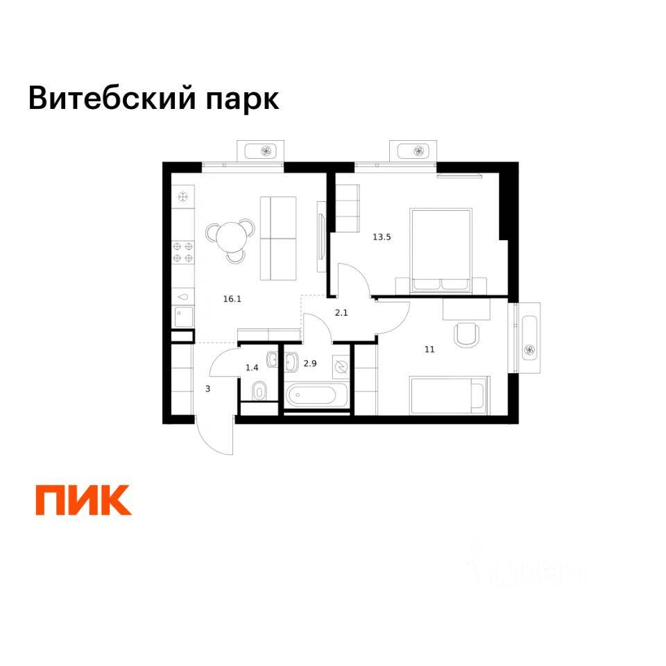2-комн. квартира, 50 м², в ЖК Витебский парк