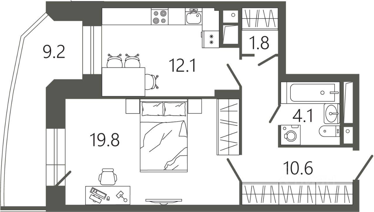 Планировка 1 комнатной квартиры, 51.2 м², в «Советская 18»