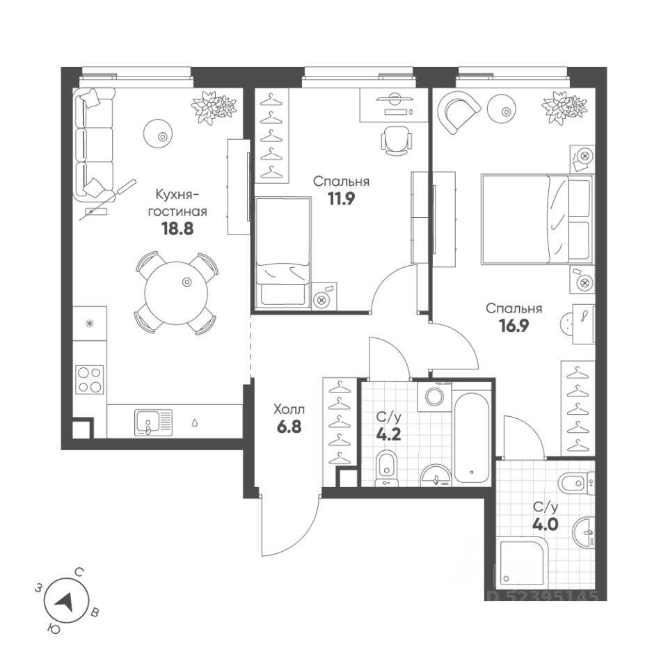 2-комн. квартира, 62,6 м², в ЖК Жилой квартал Shagal