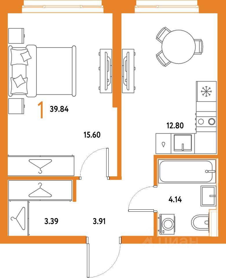 1-комн. квартира, 39,84 м², в ЖК Страна.Парковая