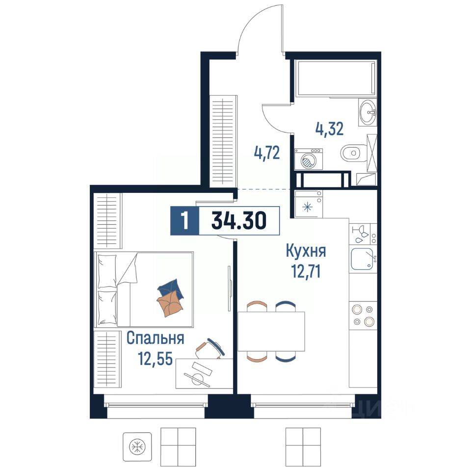 1-комн. квартира, 34,3 м², в ЖК Максималист