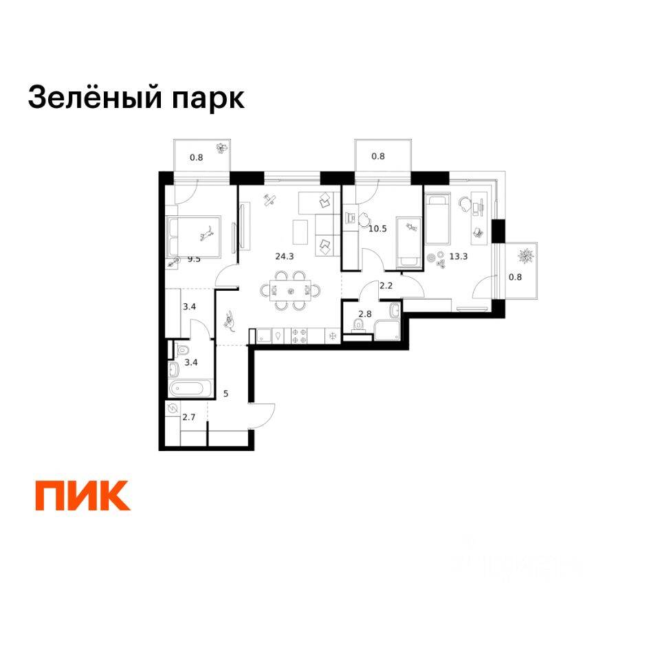 3-комн. квартира, 79,5 м², в ЖК Зеленый парк