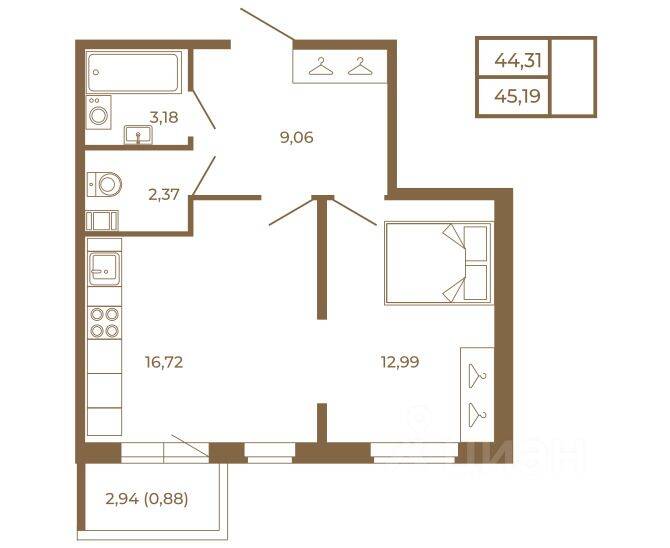1-комн. квартира, 45,19 м², в Малоэтажный ЖК Новая история