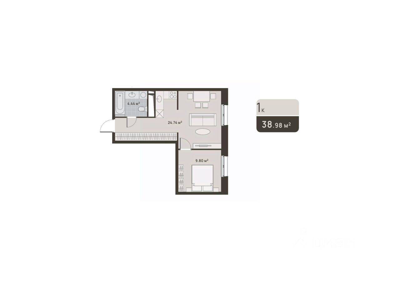 1-комн. квартира, 38,98 м², в ЖК «Дюна»