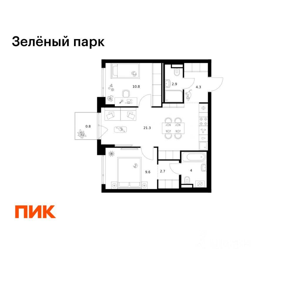 2-комн. квартира, 56,4 м², в ЖК Зеленый парк