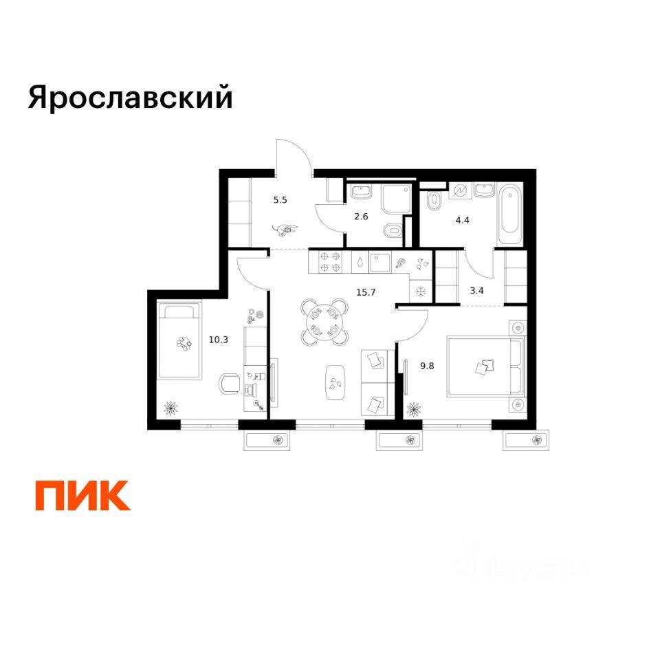 2-комн. квартира, 51,7 м², в ЖК «Ярославский»