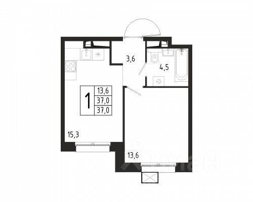 Планировка 1 комнатной квартиры, 37 м², в «Берег»