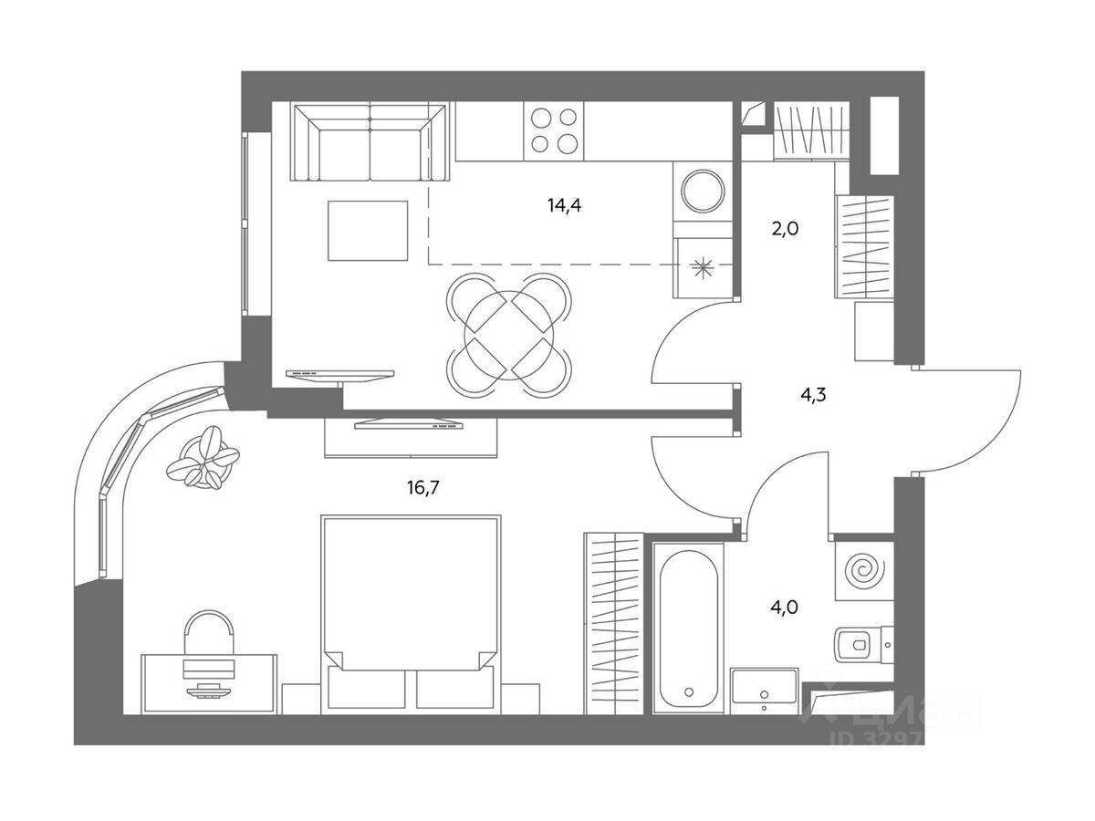 2-комн. квартира, 41,2 м², в ЖК Адмирал