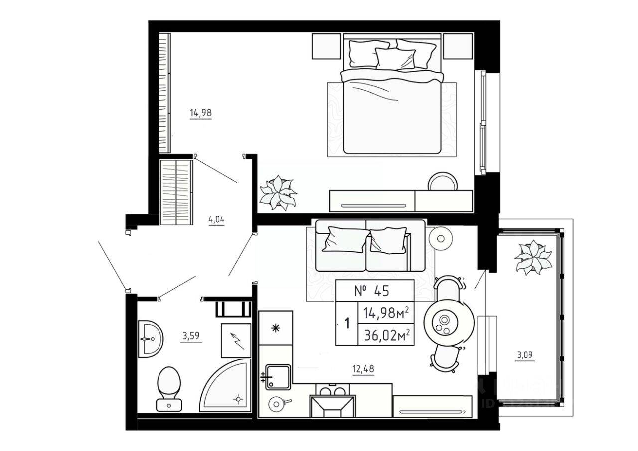 1-комн. квартира, 36,02 м², в Малоэтажный ЖК Аннино Сити