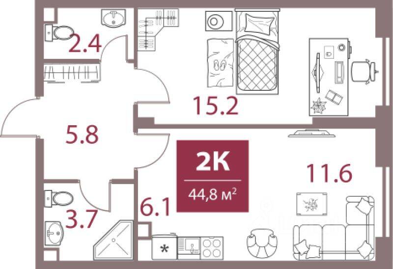 Планировка 2 комнатной квартиры, 44.8 м², в «Legacy»