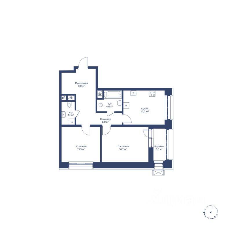 2-комн. квартира, 70,2 м², в ЖК «Цветочный город»