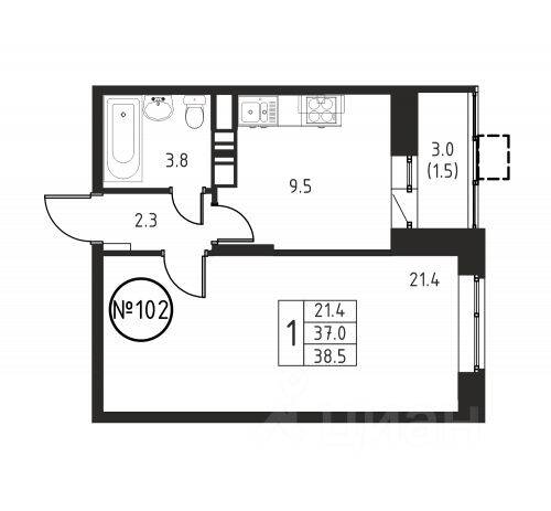 1-комн. квартира, 38,5 м², в ЖК Космос