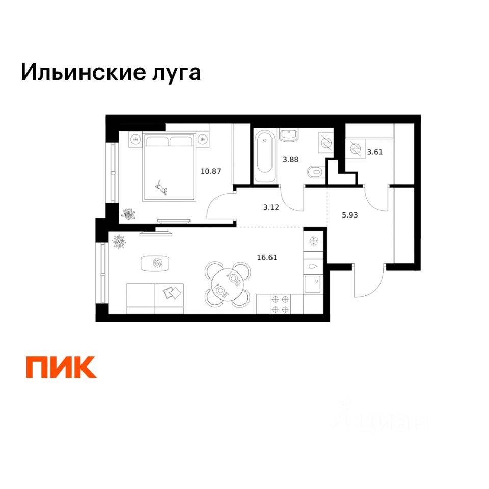 1-комн. квартира, 44,02 м², в ЖК «Ильинские луга»
