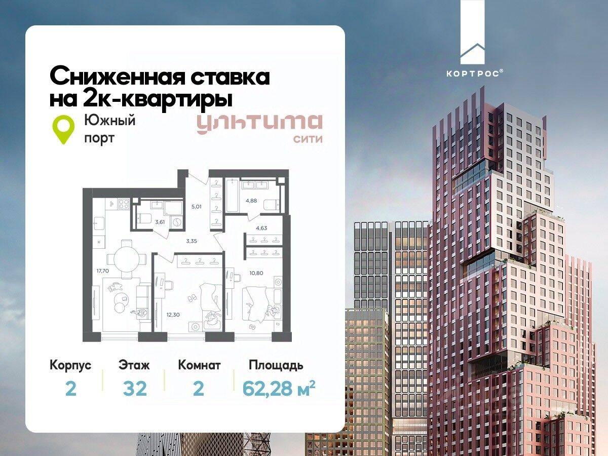 2-комн. квартира, 62,28 м², в ЖК «УЛЬТИМА Сити»