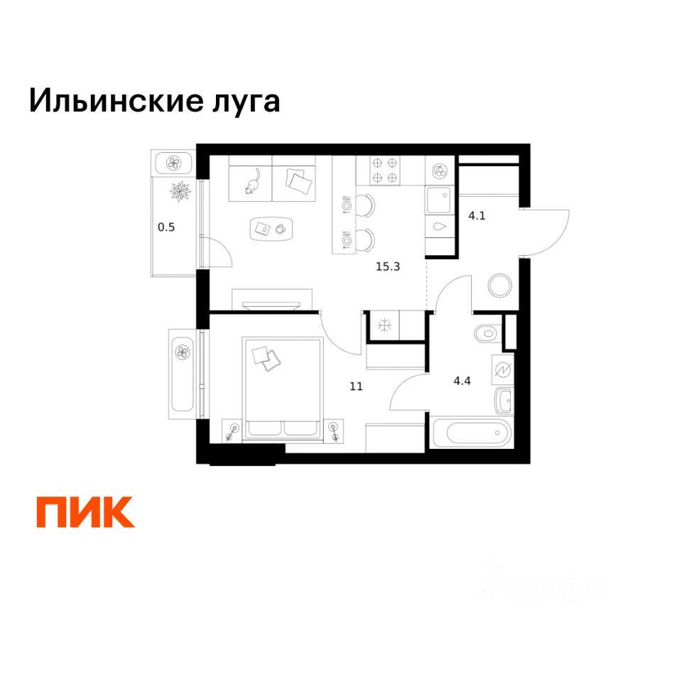 1-комн. квартира, 35,3 м², в ЖК «Ильинские луга»