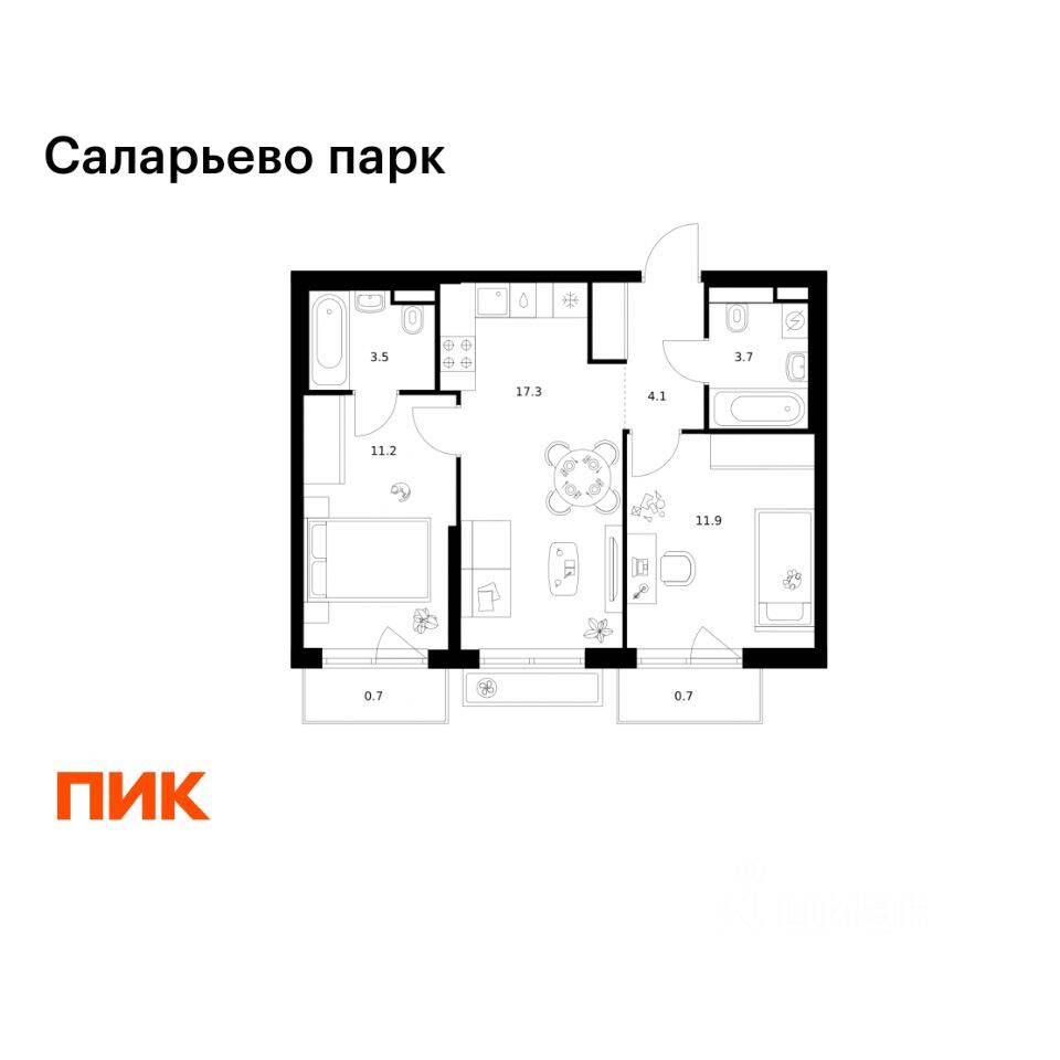 2-комн. квартира, 53,1 м², в ЖК «Саларьево парк»