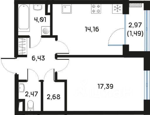 1-комн. квартира, 48,76 м², в ЖК Регенбоген