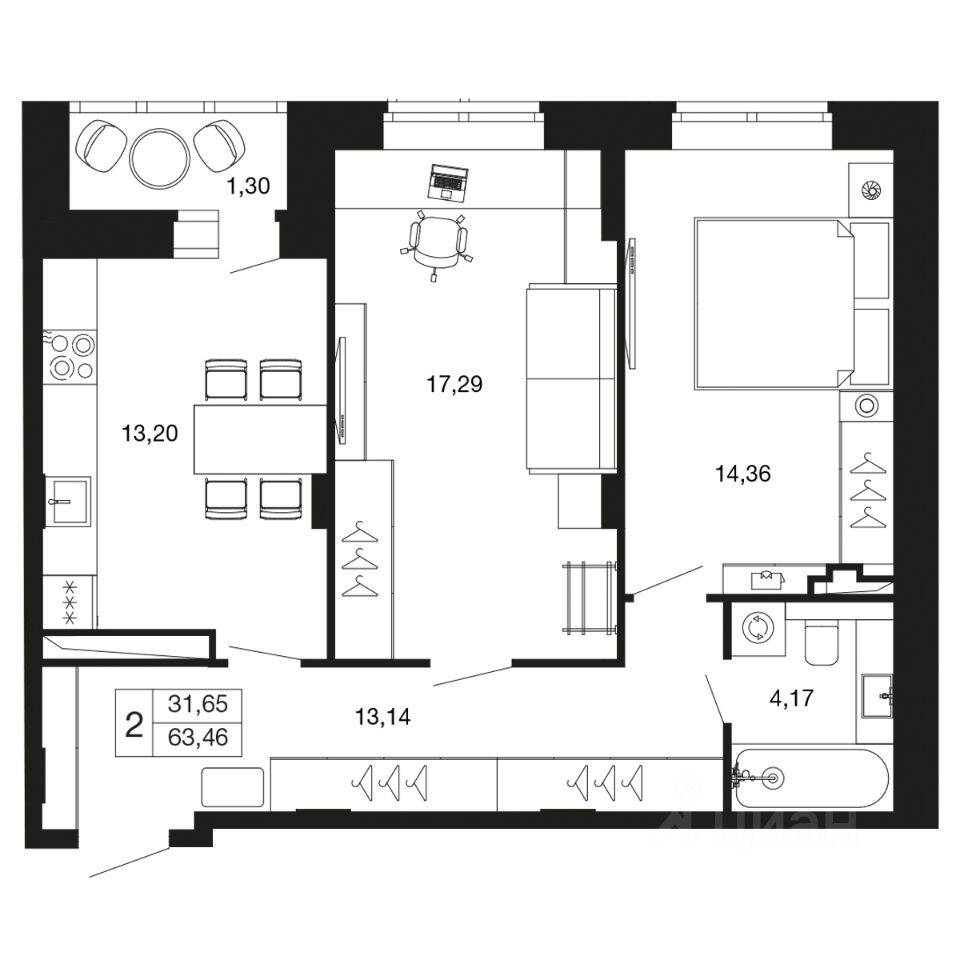 2-комн. квартира, 63,5 м², в ЖК «Времена года»