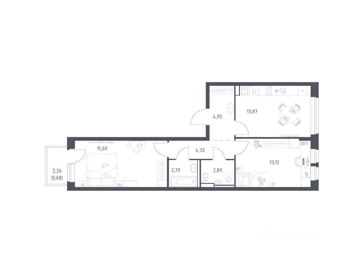 2-комн. квартира, 58,2 м², в ЖК Егорово Парк