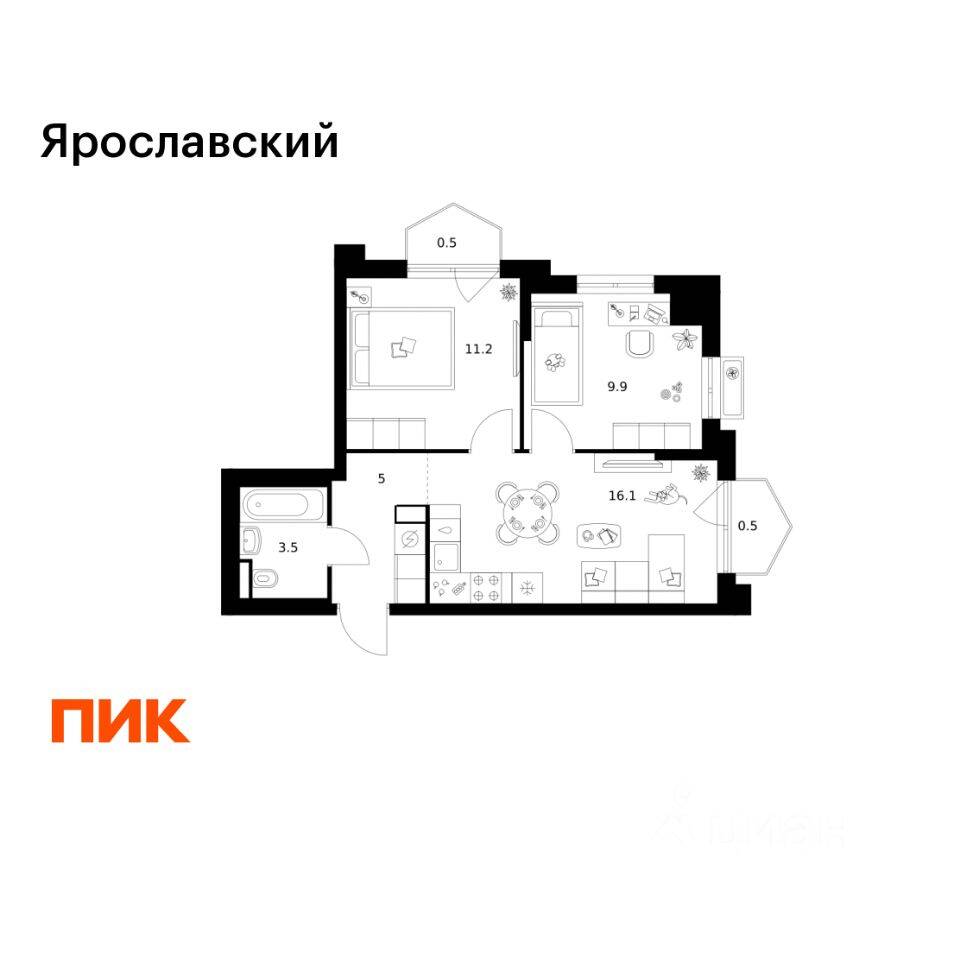 2-комн. квартира, 46,7 м², в ЖК «Ярославский»
