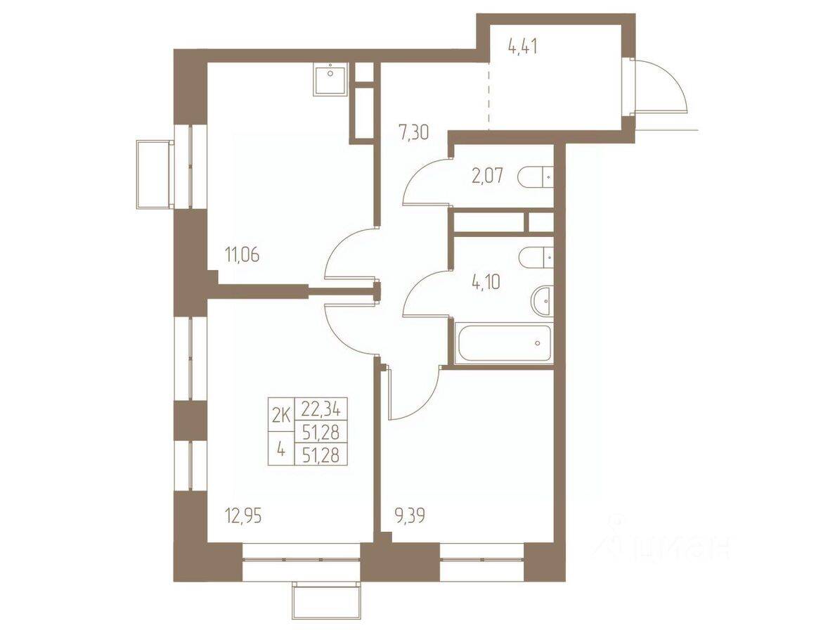 2-комн. квартира, 51,28 м², в ЖК Фабрикант