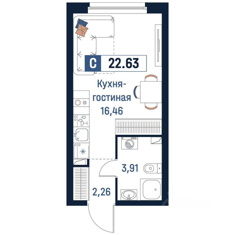 Планировка 1 комнатной квартиры, 22.63 м², в «Максималист»