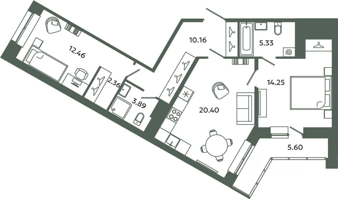 2-комн. квартира, 68,85 м², в ЖК Загляденье