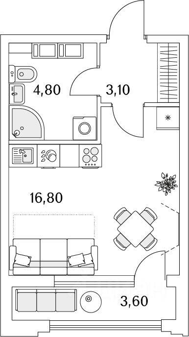 Планировка 1 комнатной квартиры, 26.6 м², в «Тайм Сквер»