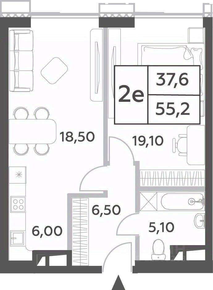 Планировка 2 комнатной квартиры, 55.2 м², в «Will Towers»