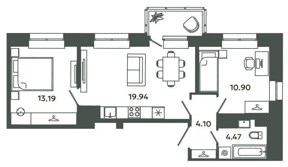 2-комн. квартира, 52,6 м², в ЖК Загляденье