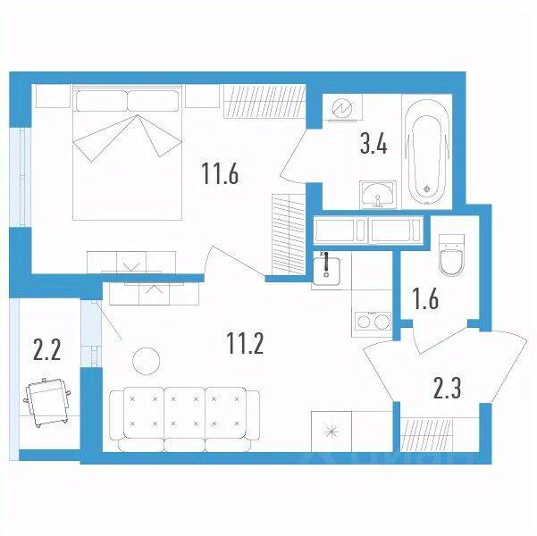 Планировка 1 комнатной квартиры, 31.2 м², в «Aerocity 4»